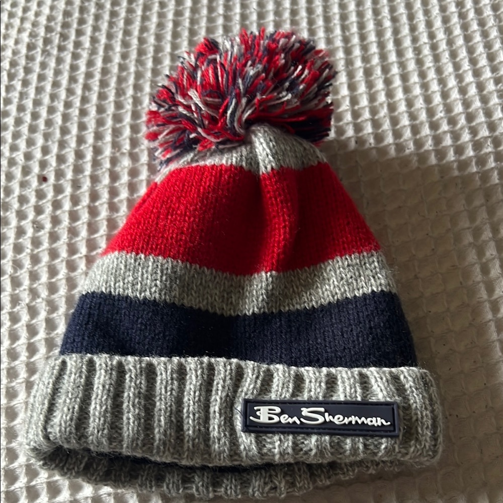 Ben Sherman Kids' Red and Gray Pom-Pom Beanie